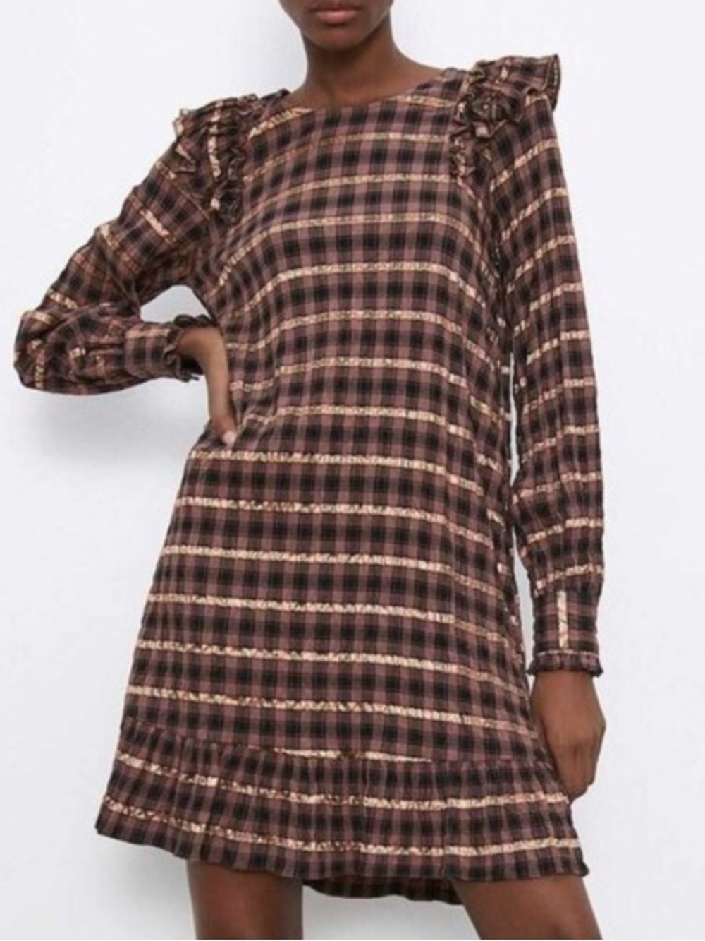 Zara brown & gold metallic plaid long sleeve ruffle dress Sz S Cottagecore